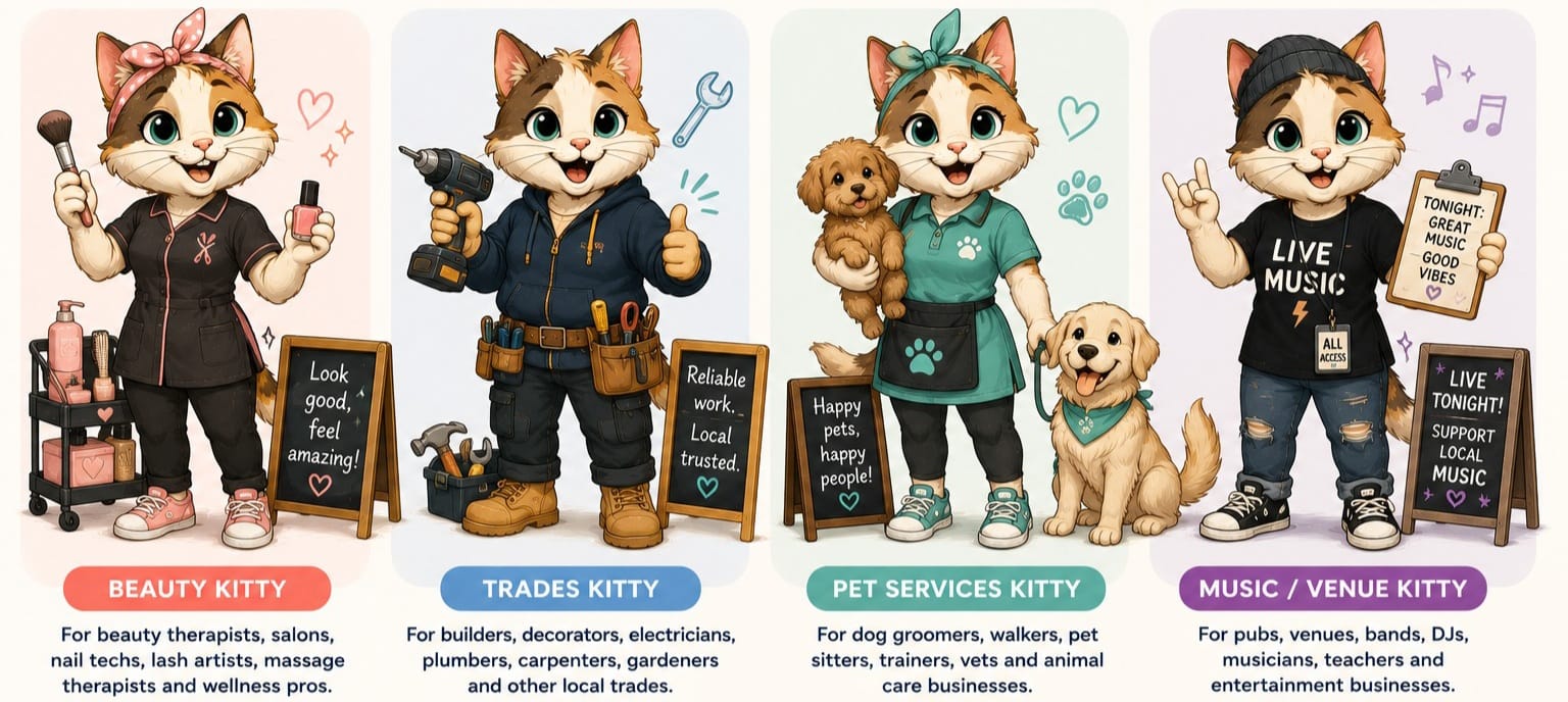 Different Kitty customer types for beauty, trades, pet services and music venues