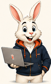 Bunny holding a laptop ready to help