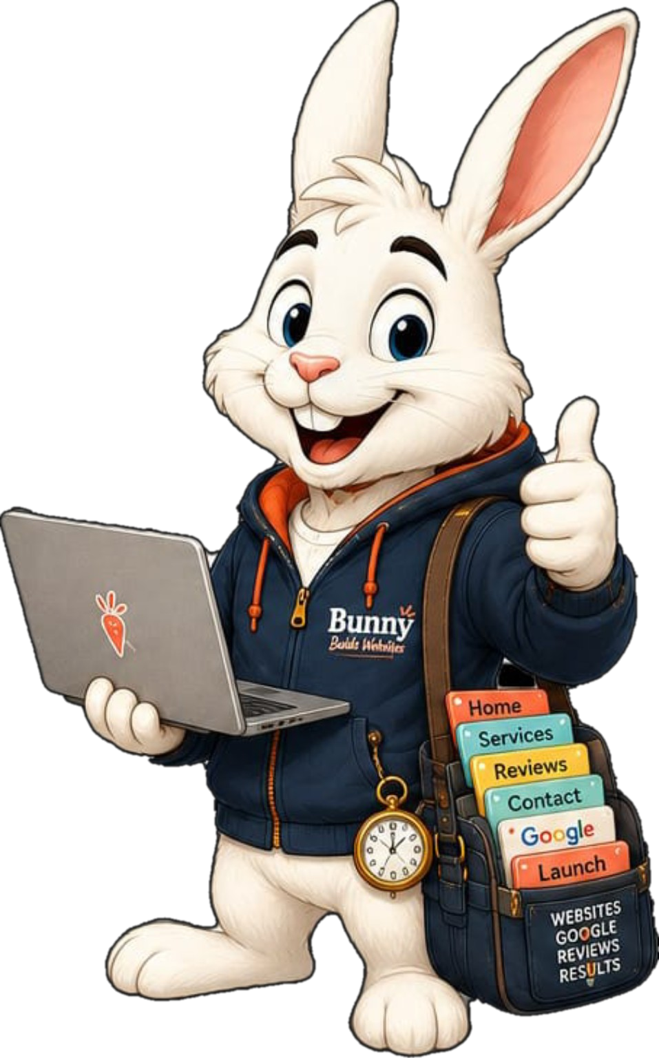 Bunny holding a laptop with website cards and giving a thumbs up