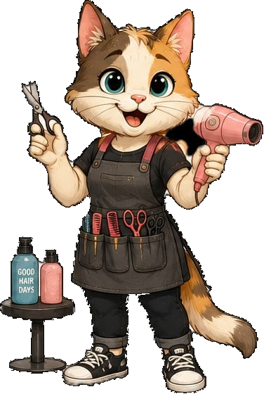 Hairdresser Kitty with scissors and hairdryer