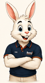 Bunny in a branded polo shirt, ready to show recent work